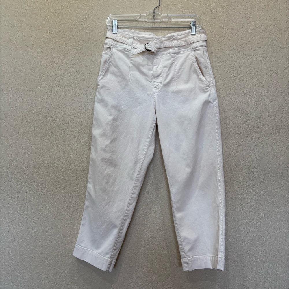 Anthropologie Belted Ankle Cropped Straight Leg Pant Cream Sz 28 Boho Minimalist